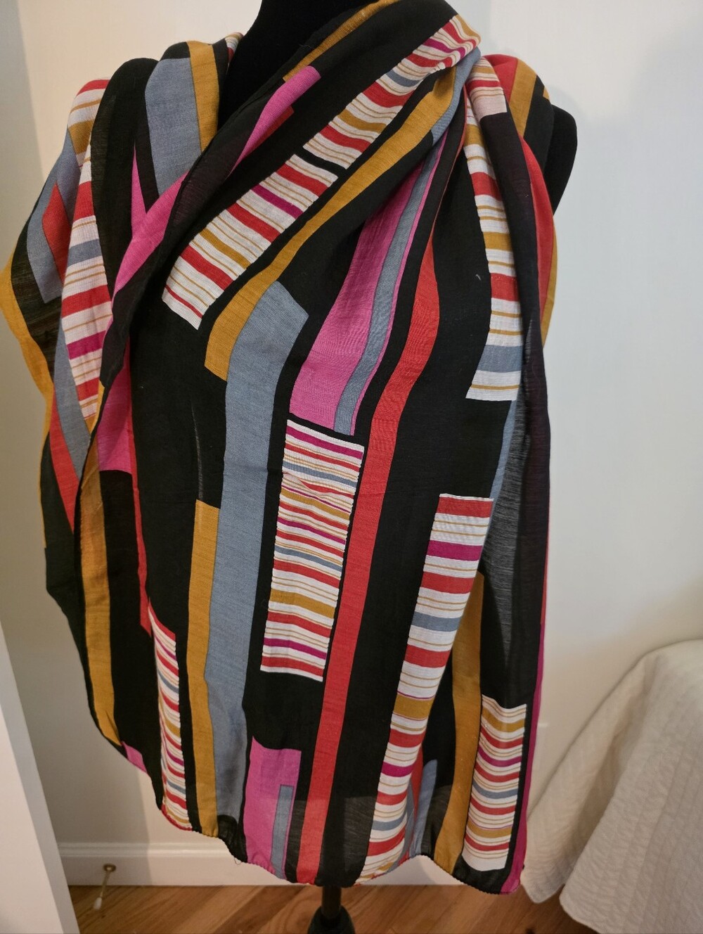 Multicolored Geometric Colorblock Scarf- Abstract Patchwork Pattern 22"×68" - Picture 3 of 9